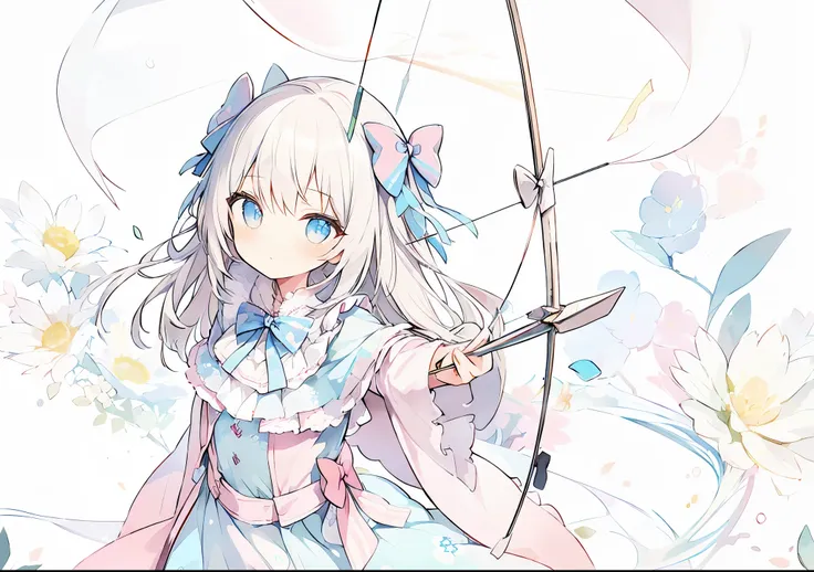 ,Super detailed、#3b4195 background、Beautiful flowers、Watercolor pattern in calm colors、(watercolor texture)、(1 girl)、short、cute、 Beautiful woman, 、 Super-detailed face、detailed eyes, Smooth skin、((Bow、Shoot a bow and arrow))