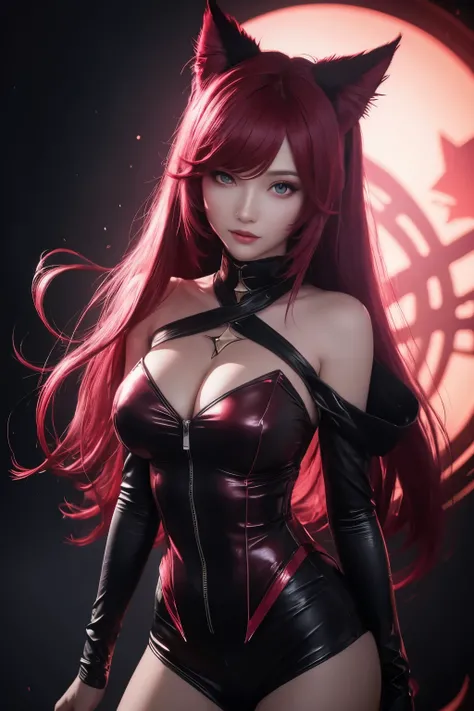 1girl, ahri, kda, ahri league of legends, star eye, blush, perfect illumination, red hair, red eyes, unreal engine, sidelighting, detailed face, bangs, bright skin, simple background, dark background, 