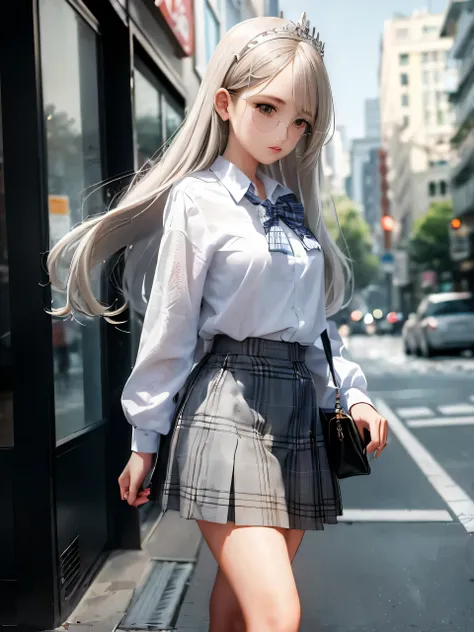 1 girl, (white blouse: 1.1), (plaid skirt: 1.1), school uniform, mi mini skirt, (urban background: 1.1), denim lenses, break silver, long hair, green eye, delicate tiara,