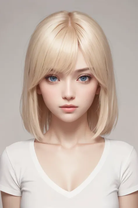 1girl, star eye, blush, perfect illumination, blonde hair, red eyes, white t-shirt, short sleeve t-shirt, unreal engine, sidelighting, detailed face, bangs, bright skin, simple background, dark background, 