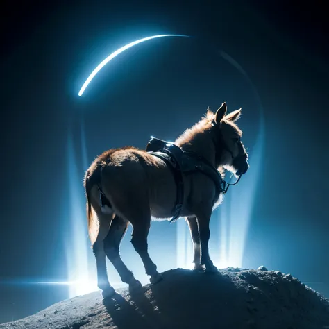 In a desolate and sci-fi background，An image of a seemingly ordinary donkey，But its eyes shine with a mysterious and powerful blue light，It symbolizes that it has some extraordinary source of energy。Parts of its body are semi-transparent，The sophisticated ...