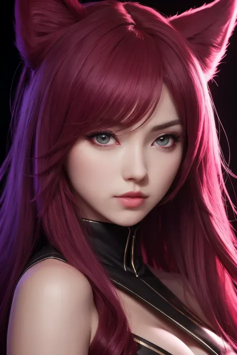 1girl, ahri, kda, ahri league of legends, star eye, blush, perfect illumination, red hair, red eyes, unreal engine, sidelighting, detailed face, bangs, bright skin, simple background, dark background, purple light rim