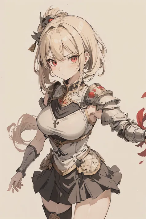 sparrow, a blonde haired girl, wearing a knight armor, medium hair, messy hair, black skirt, shoulder armor, slim body, medium breasts, she close her left eye, shirt ornament, lolippai, angry face, beautiful breasts, rounded breasts, red eyes, miniskirt, p...