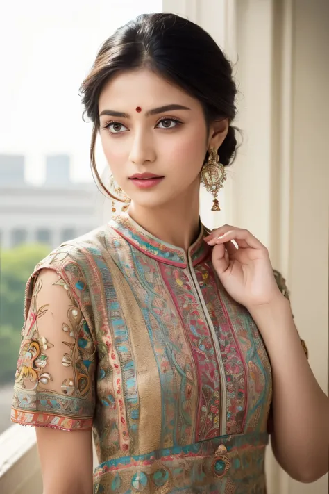 Top-notch, premium quality, high-definition, 4K photography captures the essence of an exquisite Indian girl wearing an elegant and intricately designed kurti. The image showcases the vibrant colors and intricate details of the garment, highlighting the be...