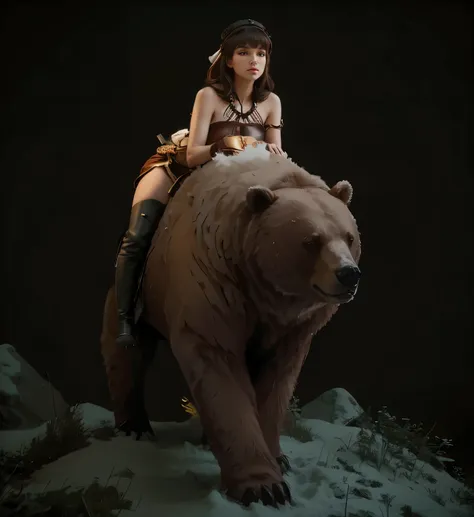 beautiful russian model riding on the back of a bear in snow