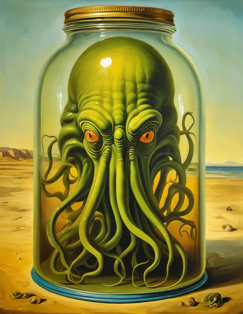 Oil painting in the style of Salvador Dali., Cthulhu in a jar, full compliance with the style of Salvador Dali, high detail, oil painting on canvas