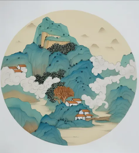 Landscape painting with mountains and houses in the middle, Chinese style景, author：Fu Miao, qi sheng luo, Inspired by Wang Yuanqi, Mei Qing, by Qiu Ying, Inspired by Hu Jieqing, mingchen shen, Inspired by Huang Binhong, Shenglin style art works, Chinese st...