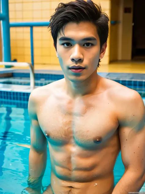 Young man, swimmer，Swimming pool，Asian people，detailed background，Healthy body,  manอายุ , thailand，Male Man，He  about 20years old.，Looks rough and handsome.，No clothes., ระบบmusculine，musculineขนาดใหญ่，Oversized chest muscles, waist circumference，bestqual...