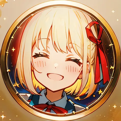 chisato,Close-up、eyes closed、smiling、blonde、red ribbon、Starry sky background、BREAK,A face peeks out from a round window frame with intricate golden details.