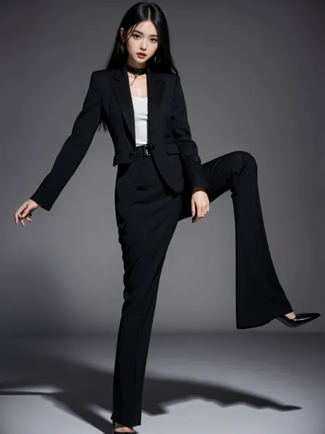 best quality,masterpiece,ultra high resolution,(actual:1.4),original photo,ultra high definition，8k，there is a girl，fashionable clothes,Cool outfit，skirt，Black，High heel，Black过肩长发，straight hair，Stylish skinny suit, high-class fashion，cool and trendy