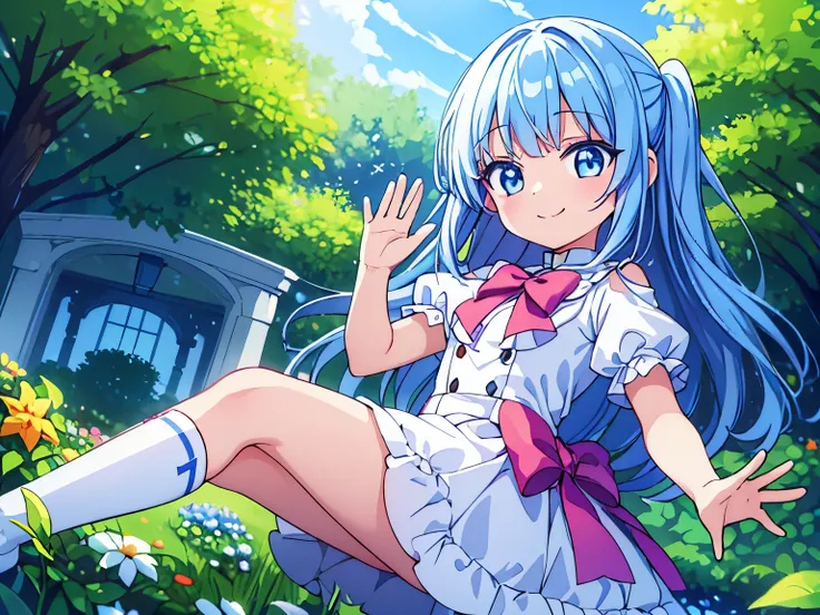 soft,glowing,sunlit,dreamy,garden,cute little girl,waving hands,blue hair,deep red eyes,white short skirt,white knee-high socks,smiling,ground