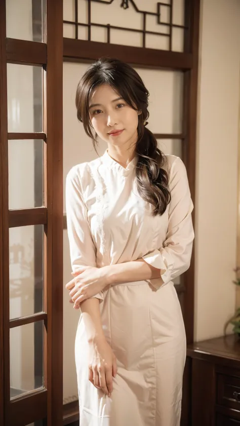 lifelike, 45mm, Super detailed, natural skin texture, Surrealism, There is a lovely woman、light brown hair、thin:1.3、small:1.3、Chinese clothing、seduct smile，This pose is so cute and beautiful、 The background is a traditional room，Surrounded by warm and invi...