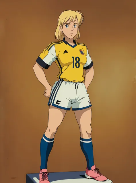 Female, blonde hair, medium hair, 90’s hair, average height, medium breasts, Germany jersey, soccer uniform, soccer socks, and cleats, Left-back Defender, legend status, Wallpaper, portrait, standing upright, German girl, 1girl, 90’s soccer, fit, slim