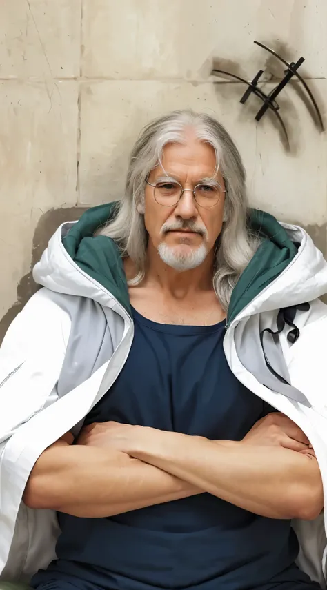 (masterpiece), (realistic), (ultra detailed), ( high reest quality), (photorealistic), (perfect face), (perfect anatomy), (((old man))), (((male))), (((muscular))), (((solo))), Silvers Rayleigh from one piece, Silvers Rayleigh, long hair, white hair, Silve...