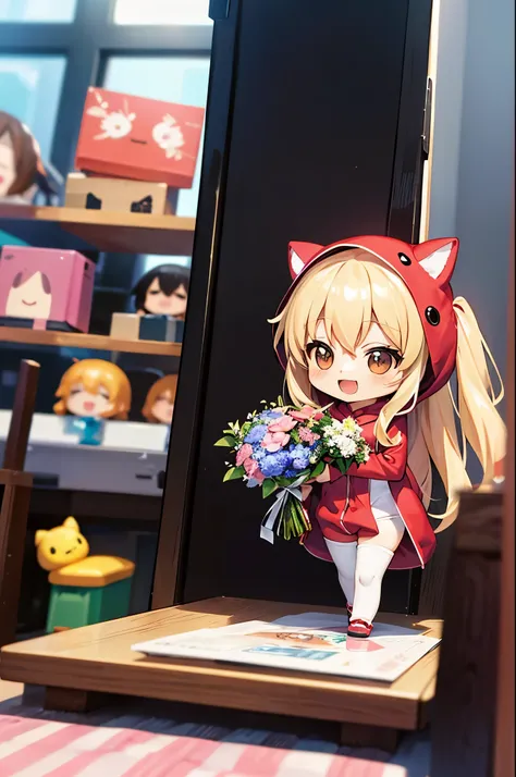 (Chibi:1.3), happy, (holding a bouquet), full body, (Kigurumi), indoors, on the table, (Nendoroid:1.1),