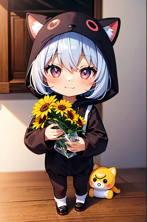 (Chibi:1.3), happy, (holding a bouquet), full body, (Kigurumi), indoors, on the table, (Nendoroid:1.1),