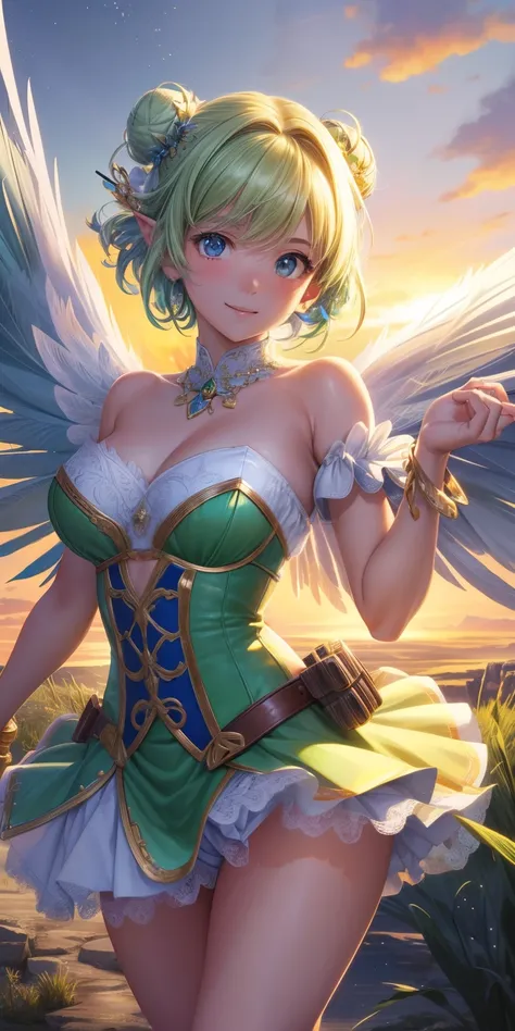 (Tinker Wife:1),Tinker Bell、mini skirt、超mini skirtレオタード、clear feathers、Legs open to show white panties、 smile, cute, cute pose, looking at the viewer, thick thighs, white panties single hair bun, short hair, (Strapless Green Dress:1), (fairy wings), are fl...