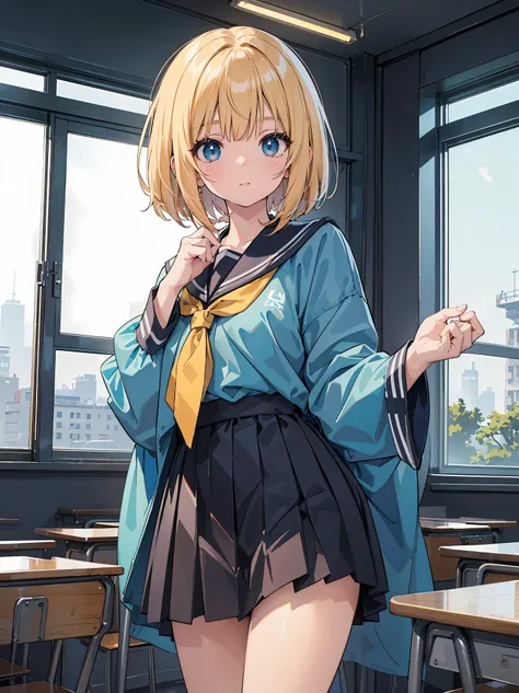 A high school girl in the style of Japanese anime illustration from 2020 with a detailed and realistic background that has depth and texture. The girl has blonde hair in a short one-length braided ponytail bob cut and wears a winter sailor uniform with a t...