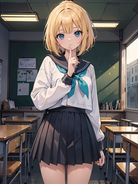 A high school girl in the style of Japanese anime illustration from 2020 with a detailed and realistic background that has depth and texture. The girl has blonde hair in a short one-length braided ponytail bob cut and wears a winter sailor uniform with a t...