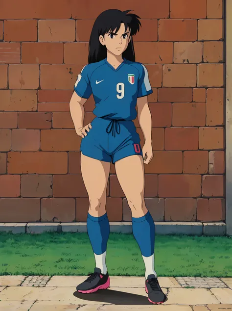 Female, black hair, medium hair, 90’s mullet hair, average height, medium breasts, Italy jersey, soccer uniform, soccer socks, and cleats, Centre-back Defender, legend status, Wallpaper, portrait, standing upright, Italian girl, 1girl, 90’s soccer, fit, sl...