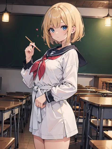 A high school girl in the style of Japanese anime illustration from 2020 with a detailed and realistic background that has depth and texture. The girl has blonde hair in a short one-length braided ponytail bob cut and wears a winter sailor uniform with a t...