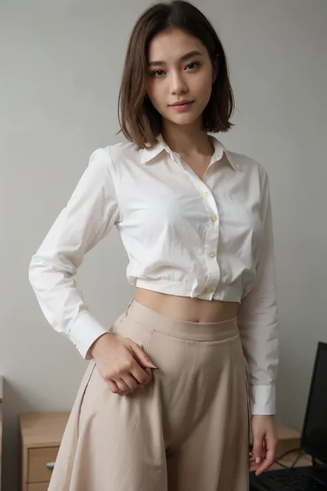 top-quality、​masterpiece、超A high resolution、(realisitic:1.4)、Beautuful Women１、Beautiful detail eyes and skin、smile、Light brown short-cut hair, She is Wearing a long white shirt posing for a photo,  gorgeous chinese model, photo of slim girl model, IG-Model...