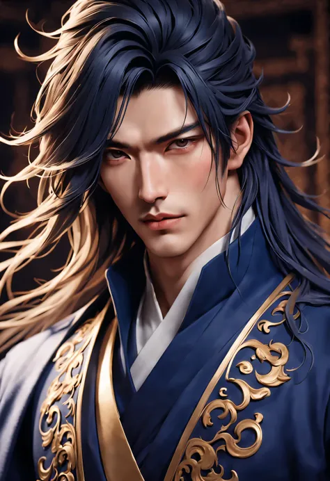 (male character design), Half body photo, Staring at the camera,
(Chinese handsome man Lan Ling Wang Gao Changgong), (messy, very long hair), (Wearing a navy blue woolen coat), His skin is fair and delicate, He looks like a virgin, His lips are as red as c...