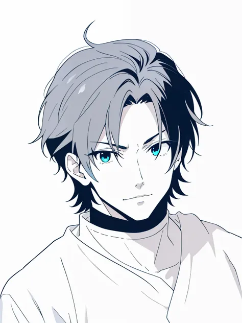 mature anime guy with blue eye, solo leveling style, double colored hairs