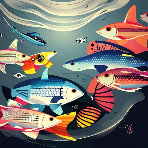 there are many fish游泳 in a line together, fish swimming, fish游泳, school of fish, linear graph, fish, fish游泳 around, fish滩, 一群fis...