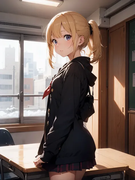 A high school girl in the style of Japanese anime illustration from 2020 with a detailed and realistic background that has depth and texture. The girl has blonde hair in a short one-length braided ponytail bob cut and wears a winter sailor uniform with a t...