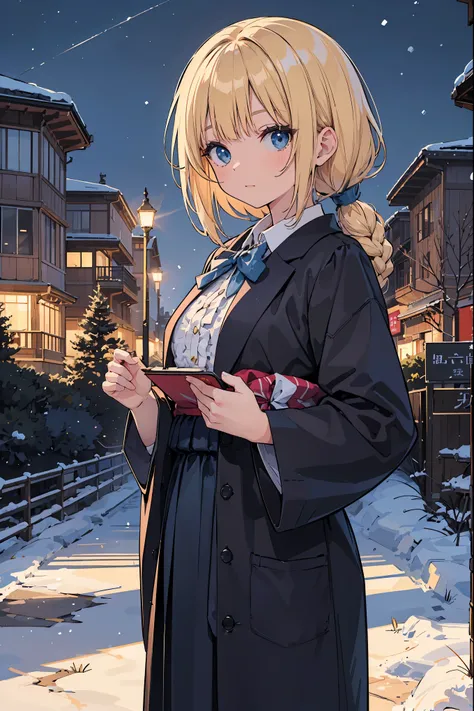 A high school girl in the style of Japanese anime illustration from 2020 with a detailed and realistic background that has depth and texture. The girl has blonde hair in a short one-length braided ponytail bob cut and wears a western long dress with a lot ...