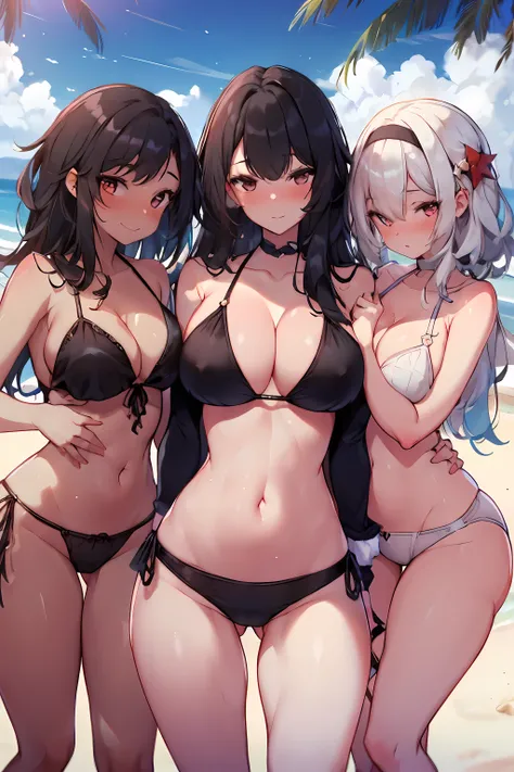 masterpiece, best quality, 3 girls, Beach, bikini, black straight hair