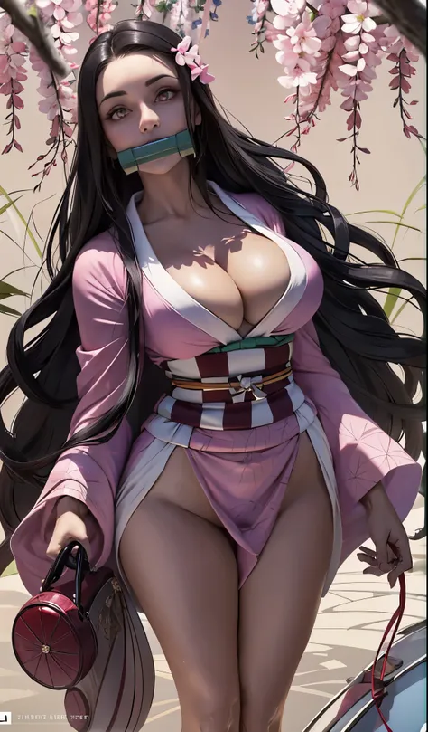 masterpiece, (pink kimono), seductive face, good lighting, décolleté, fine details, masterpiece, glowing eyes, 1girl, black hair, gag, bamboo, Nezuko Kamado, wisteria background, masterpiece, best quality, POV, whole body, wide hips,