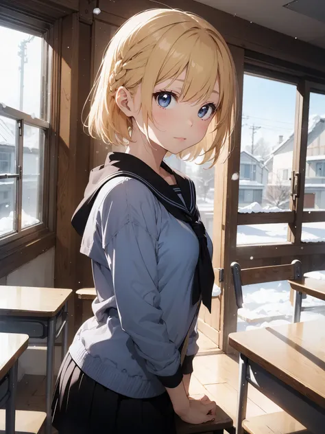 A high school girl in the style of Japanese anime illustration from 2020 with a detailed and realistic background that has depth and texture. The girl has blonde hair in a short one-length braided ponytail bob cut and wears a winter sailor uniform with a t...