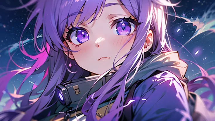 sea，night，Star，purple long hair，purple eyes，Purple coat，8K resolution，anime, high quality，earphone，eyes glow