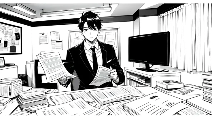 1 salaryman working in front of his computer late night, alone, in office room, messy room with paperwork around, monochrome (clear line, lineart)