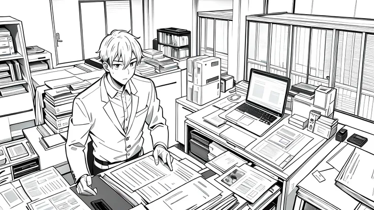 1 salaryman working in front of his computer late night, alone, in office room, messy room with paperwork around, monochrome (clear line, lineart)