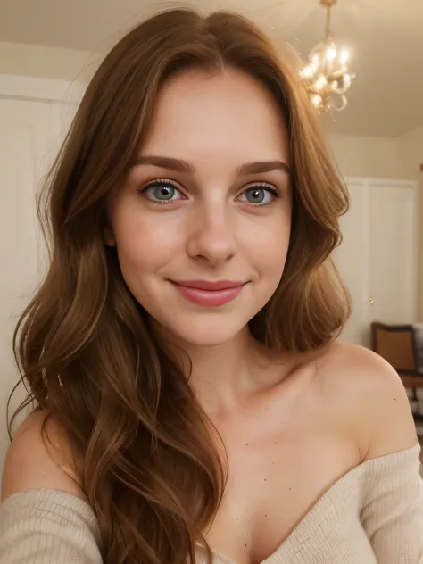 Selfie of a woman with long hair, Wavy brown hair, Subtle features, rosy cheeks, Expressive brown eyes, a gentle smile plays on her lips, Cute button nose, and a playful sparkle in the eyes, Filmed on a phone with a low quality camera. The image shows her ...