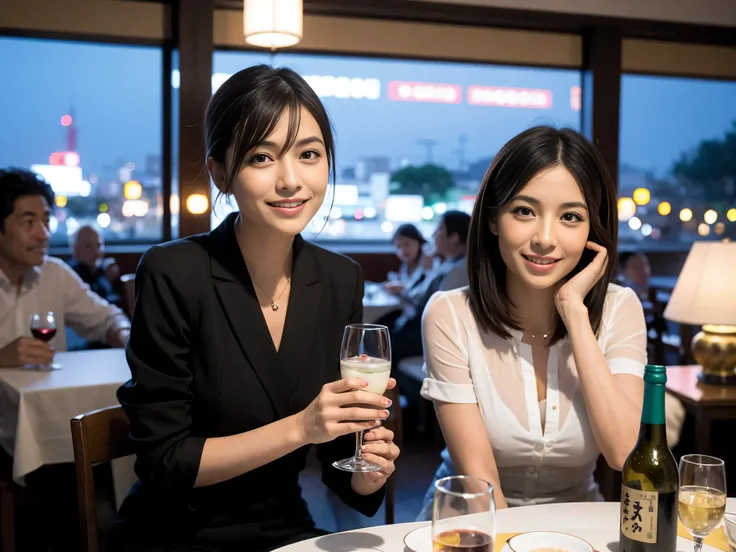 Detailed images that look like they were taken with a high-end camera、Woman drinking alcohol、Beautiful woman with a glass and a cup、Sake glasses and wine glasses contain sake..、720m of Japanese sake、1.You can also see the 8L sake bottle..、There is also Cho...