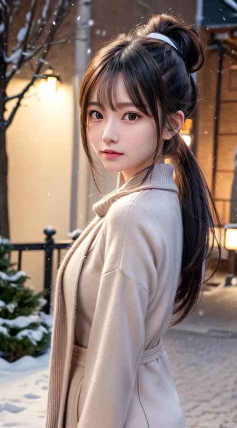 blush,long hair ponytail,big ribbon in her hair,(8K, Raw photo, best quality, muste piece:1.2), (Reality, photorealistic:1.4), (Highly detailed 8K wallpaper), Tits sharp focus, Depth of bounds written, cinematic lighting, soft light, detailed beauty eye,Sh...