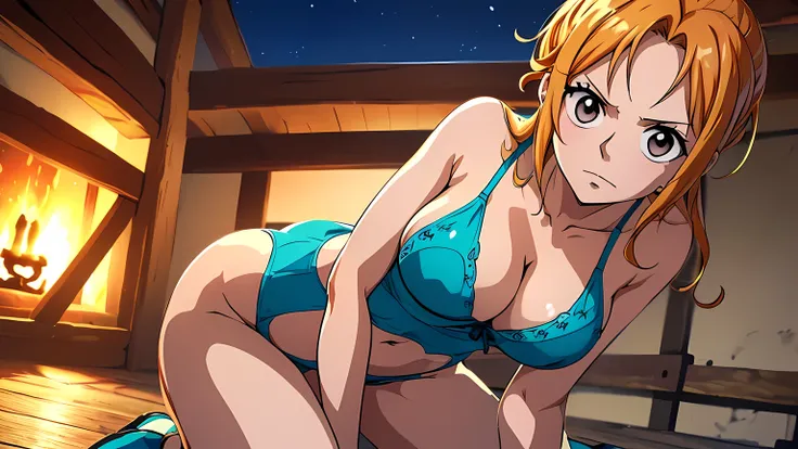 one-piece one-piece nami, vista de traz , cabelo laranja, Lindos olhos castanhos, ((vestindo lingerie sensual))usando botas laranjas, sword in one he, peitos sexy, pose lasciva ,corpo todo, arms behind the back, (fundo do navio pirata) (melhor qualidade, 4...