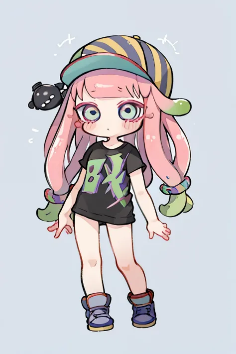 girl,inkling hair,black t-shirt,no pants,hat,nozochibi, blush stickers, (chibi:1.4), simple background, full body, standing