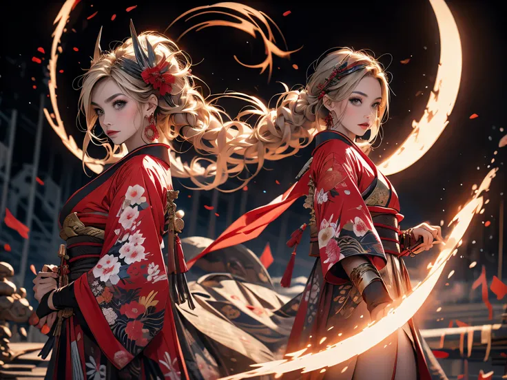 masterpiece, best quality, Valkyrie in red kimono, cloth flowing in air, moon, northern grassland, SFW