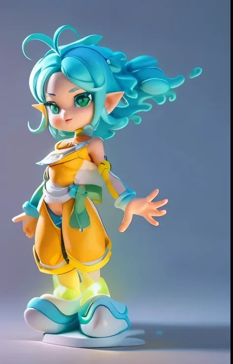 3D modeling, c4d rendering, ultra-light clay material, clean and soft lines, Morandi color matching, cute character colors, clean ultra-clear rendering, blind box hand-made style, blue-haired, green-haired, orange-clad cartoon girl, elf character, official...