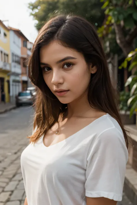 Colombian young woman, long black hair, brown eyes, white blouse, blue long skirt with floral pattern, Natural light, 8K, realistic