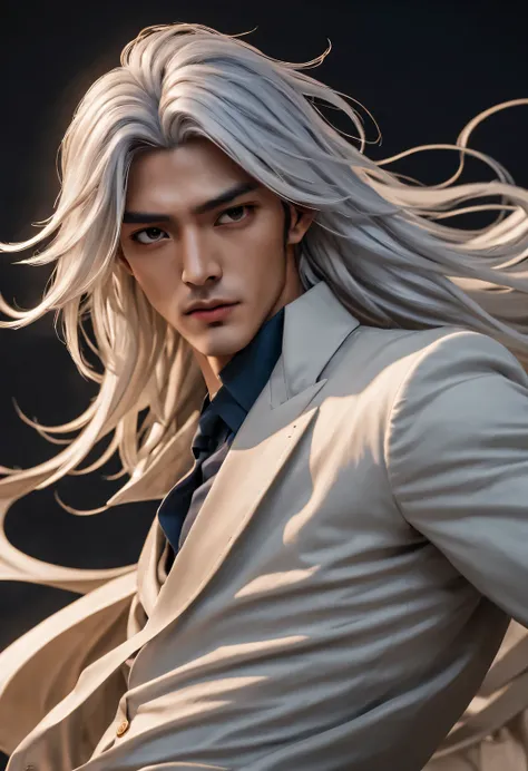 (male character design), Half body photo, Staring at the camera,
(Chinese handsome man Gao Changgong, Prince of Lanling, in front of the computer), (Messy and long white hair: 1.2), Have a perfect figure, Wearing a stylish long navy blue trench coat, Fair ...