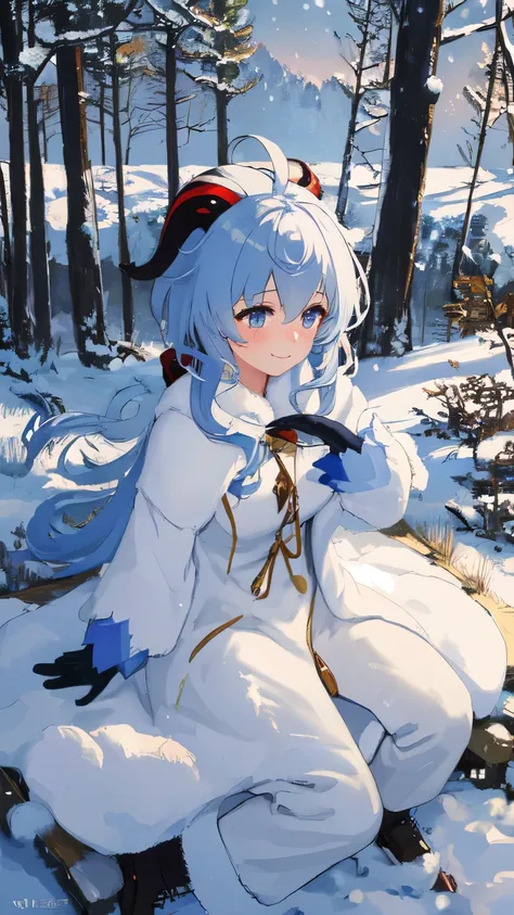 Top quality, 4K, 8K, high resolution, masterpiece: 1.2, ganyu, stupid hair, Kirin horn, beautiful young woman, snow-covered countryside, winter scenery, winter coat, long coat, beautiful winter boots, gloves, nudist, happy, natural beauty, long Light blue ...