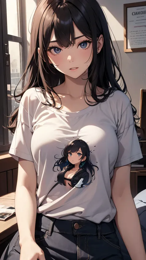 最high quality、best image quality、masterpiece、teenage girl((18-year-old、 By becoming、vest bust、medium bust,wide open breast tea、black eye, black hair、long hair、thin,highest valley、tired face、Sweat、get up,yawn,Y-shirt)),high quality、beautiful art、background(...