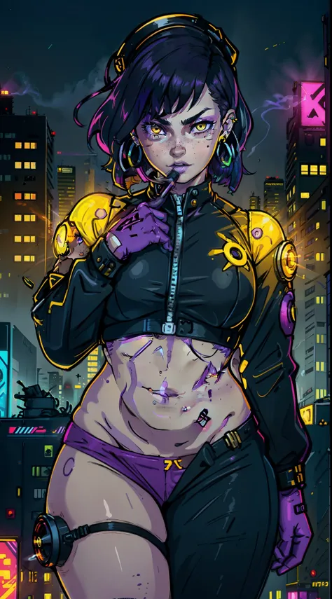 1girl,solo,colorful,yellow eyes,cyberpunk,city,peace sign,earrings,purple hair,eye patche,freckles,prothesis,mechanic,neon,beautiful lighting,purple reflection,cap,smoking,character focus,cg illustration,bust shot,yellow and black outfit,black hair,