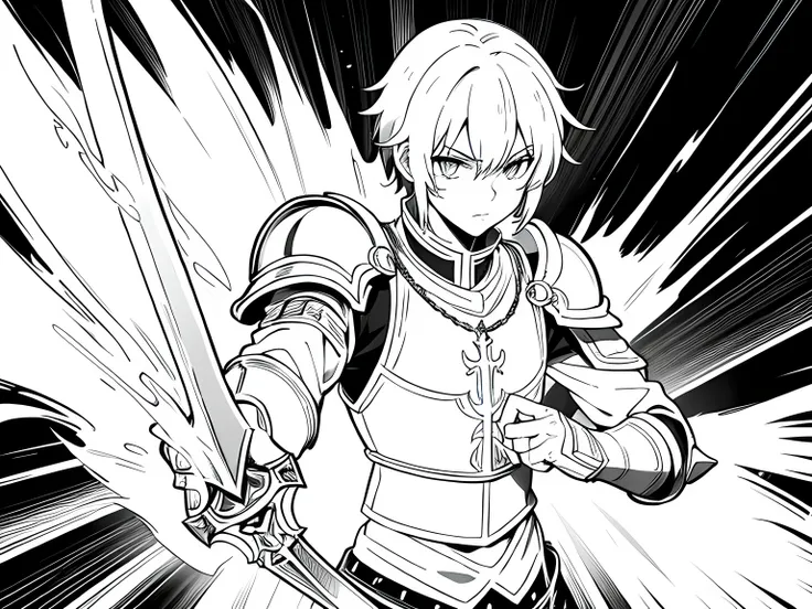 1 man, knight of kingdom, full armor, holding a sword on his right hand, key anime art, an edgy teen assassin, demon slayer art, demonic aura, magical aura, magical power, the background is white, monochrome (clear line, lineart)